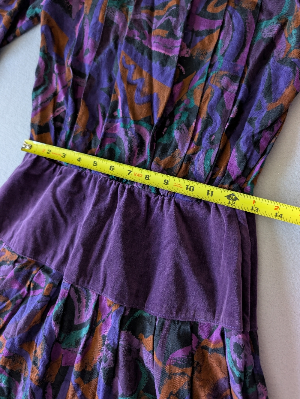 80s Abstract Geometric Print Midi Dress Purple Teal Rayon Wool Shoulder Pads M image 10